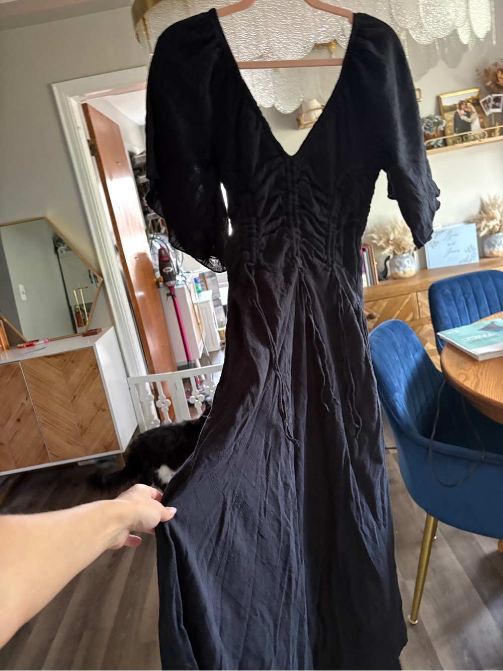 Free People Women's Black V-Neck Midi Dress - Elegant Flutter Sleeve